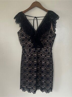 JOA Navy Blue Crochet Lace Mini Dress Medium Nude Lined Open Back